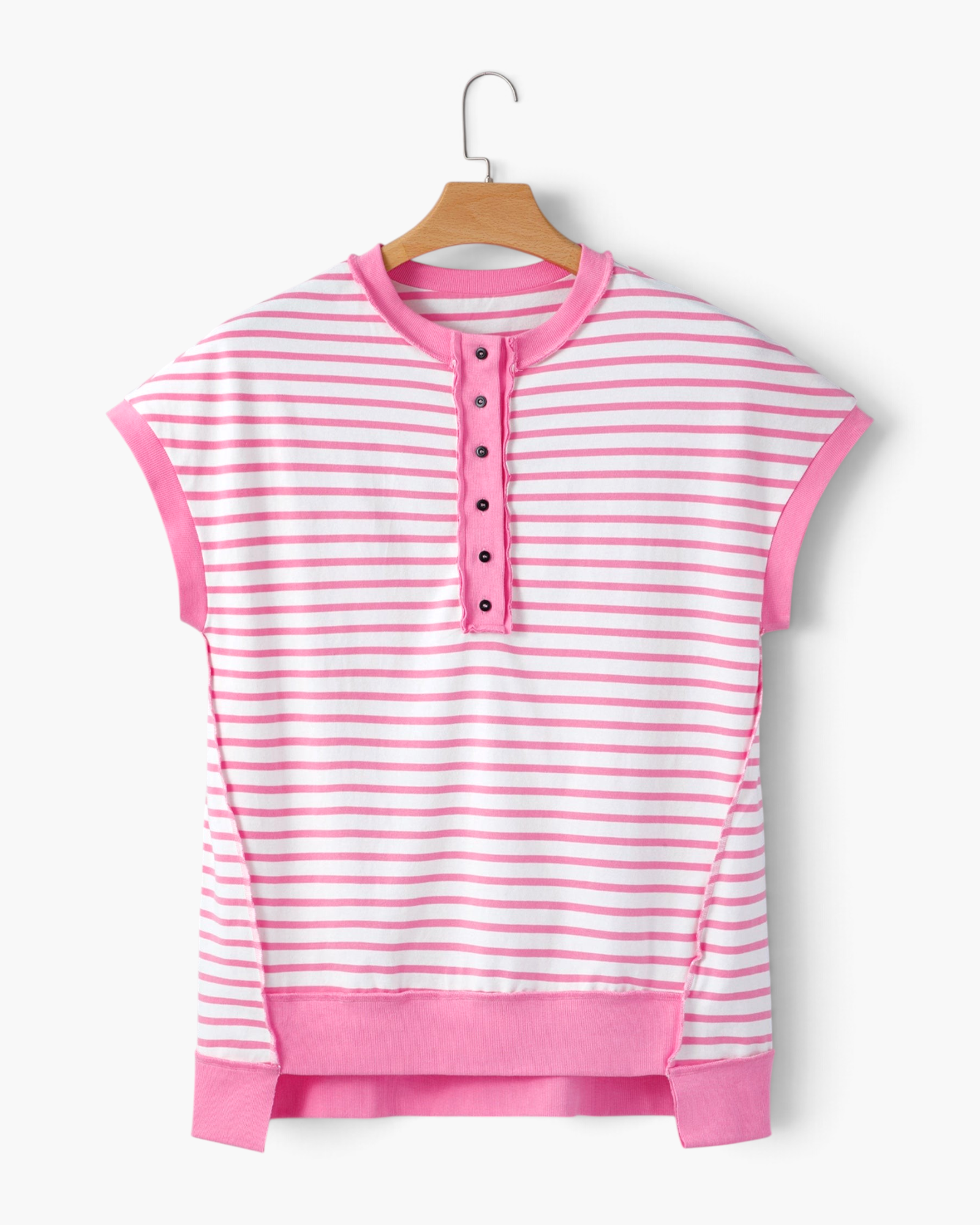 Beach Rose Co. pink and ivory striped cotton Henley top with short sleeves, snap-front placket, and contrast trim.