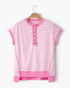 Beach Rose Co. pink and ivory striped cotton Henley top with short sleeves, snap-front placket, and contrast trim.