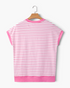 Beach Rose Co. pink and ivory horizontal striped cotton blend top with contrast trim, back view on a wooden hanger.