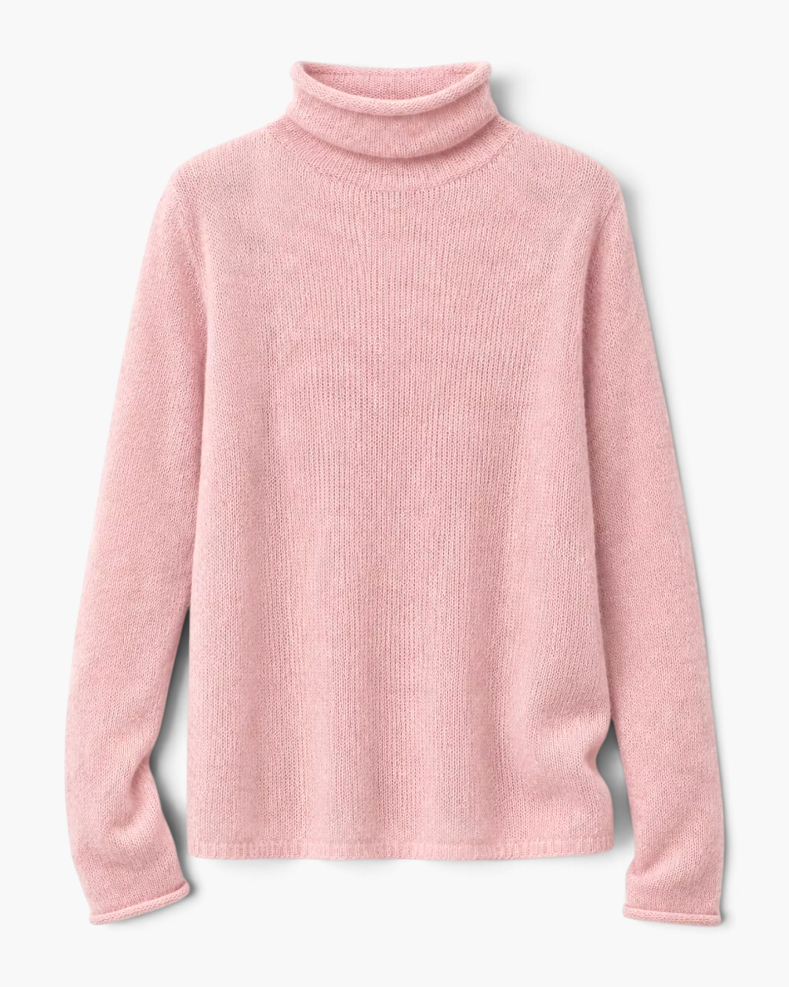 Beach Rose Co. light pink fine knit long sleeve turtleneck sweater with ribbed cuffs and a soft fold-over neckline.