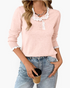 Beach Rose Co. light pink fine knit sweater with white scalloped floral lace trim on the neckline and cuffs.