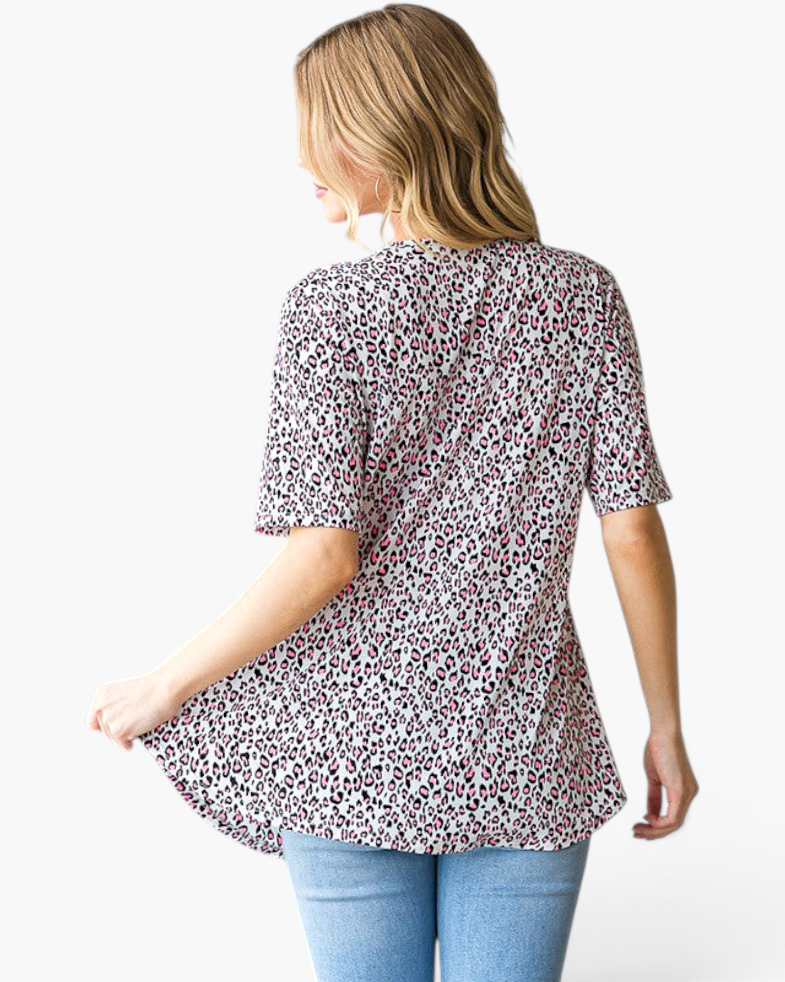 Beach Rose Co. pink leopard print babydoll top with short sleeves and a relaxed fit, viewed from the back