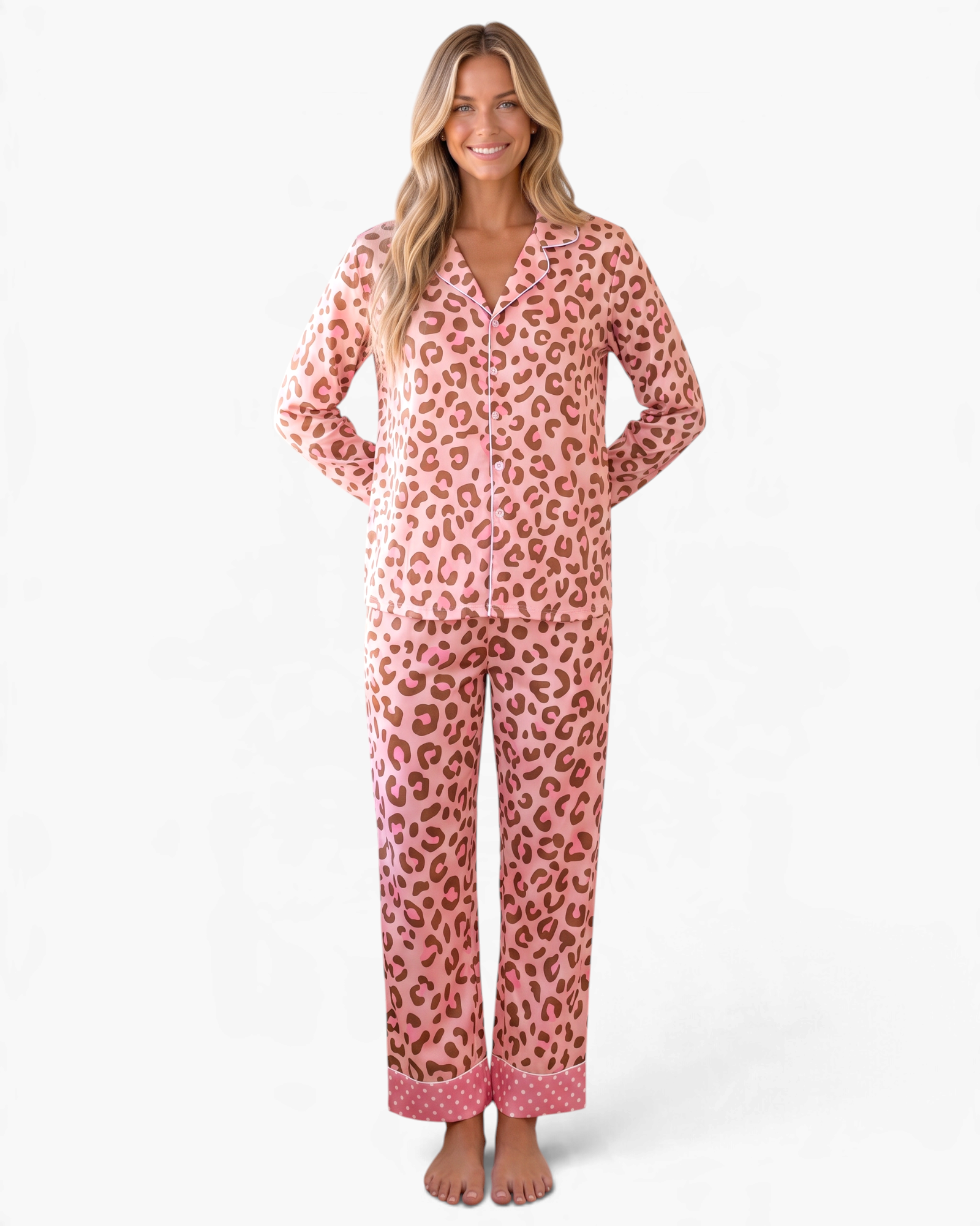 Beach Rose Co. pink leopard print pajama set with button-front top, long pants, and polka dot cuffs.