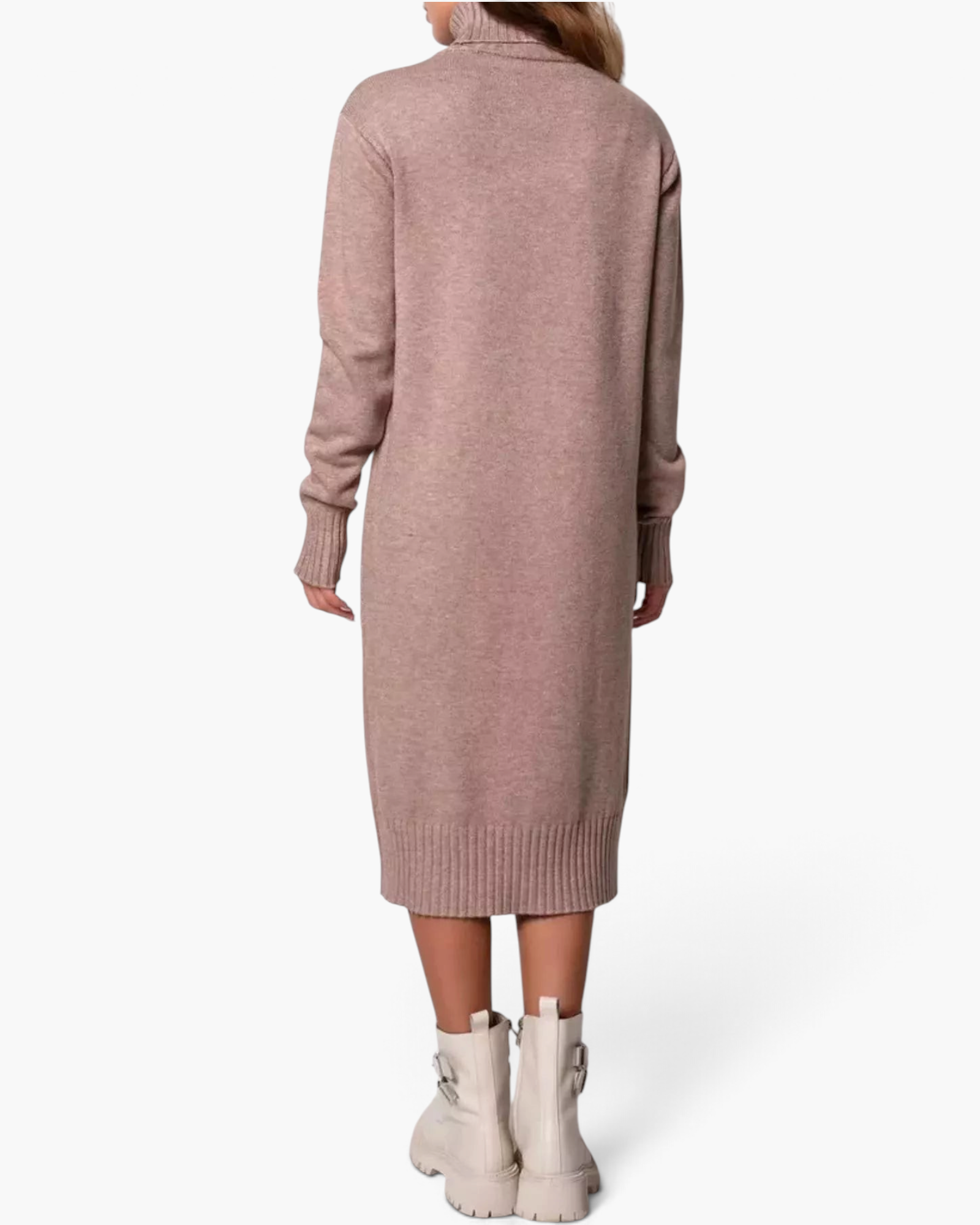 Beach Rose Co. dusty pink midi sweater dress with a ribbed turtleneck and long sleeves, back view