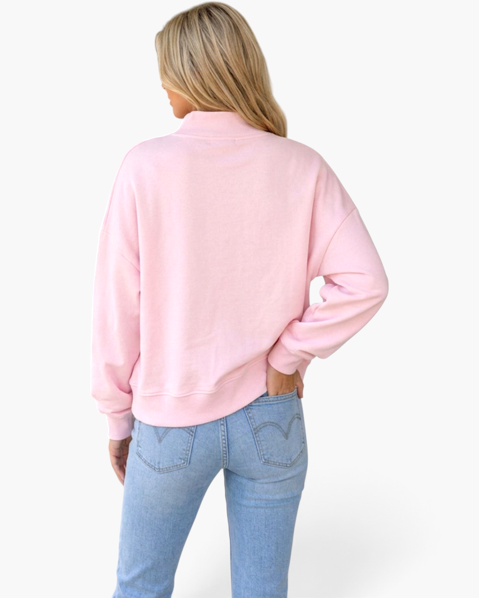 Beach Rose Co. pink mock neck cropped sweatshirt with dropped shoulders worn by a blonde model from the back view