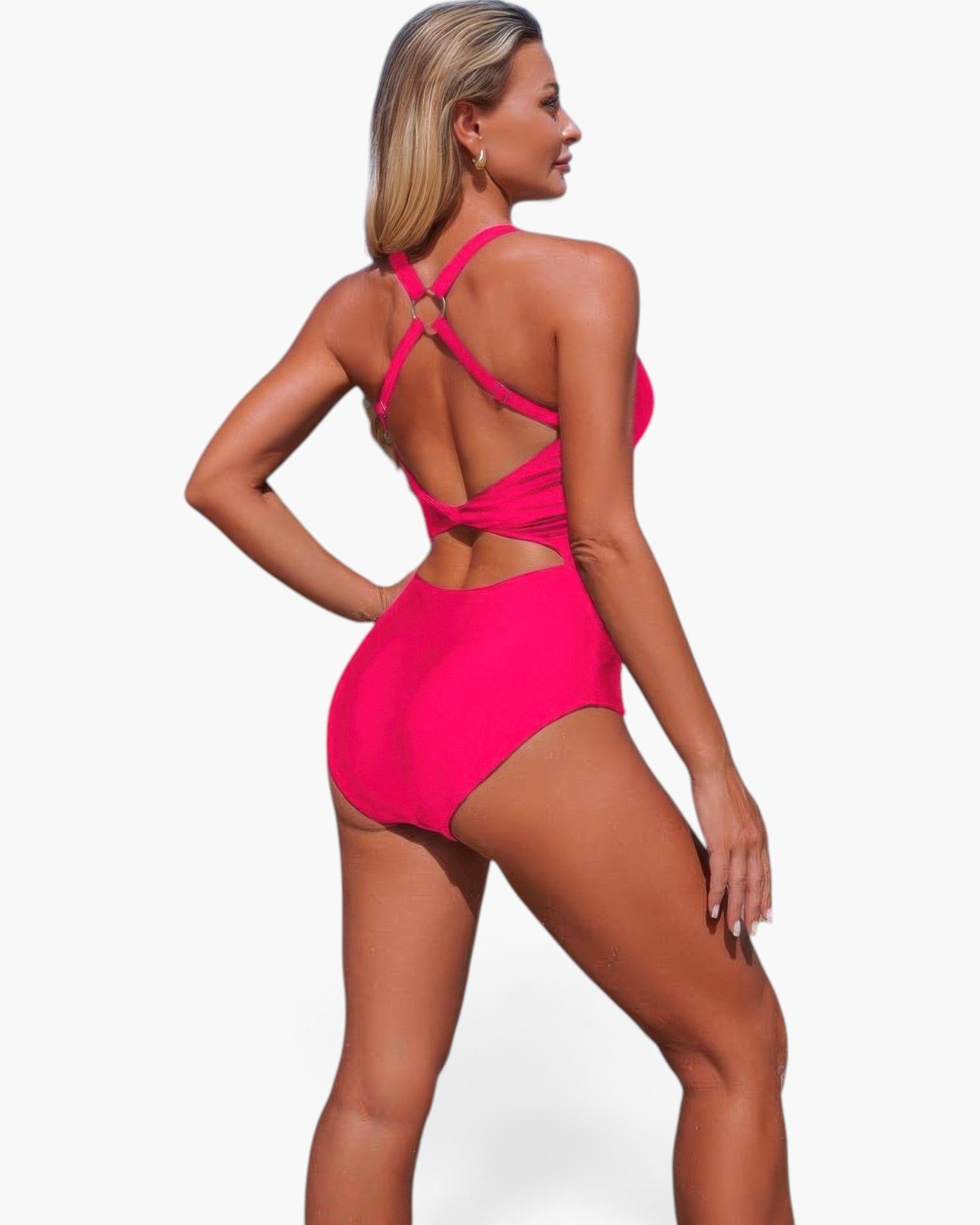 Beach Rose Co. hot pink one-piece swimsuit with a U-ring back detail and high-waisted silhouette on a model