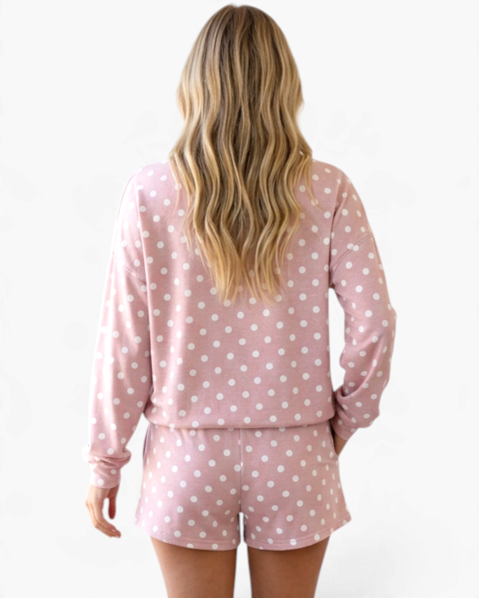 Beach Rose Co. dusty pink long sleeve lounge set with white polka dots, featuring a relaxed top and matching shorts.