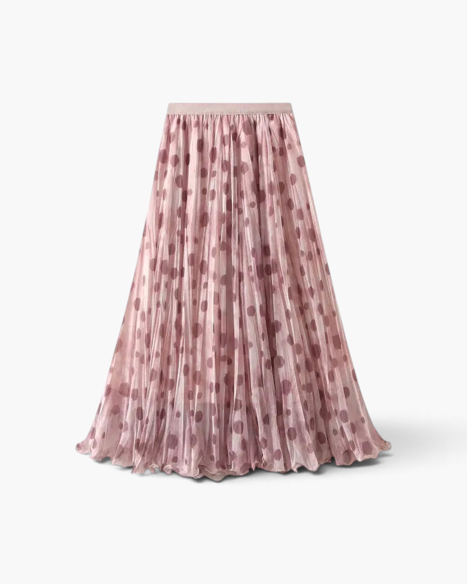 Beach Rose Co. pink polka dot maxi skirt featuring fine pleats and a comfortable elastic waistband in lightweight fabric