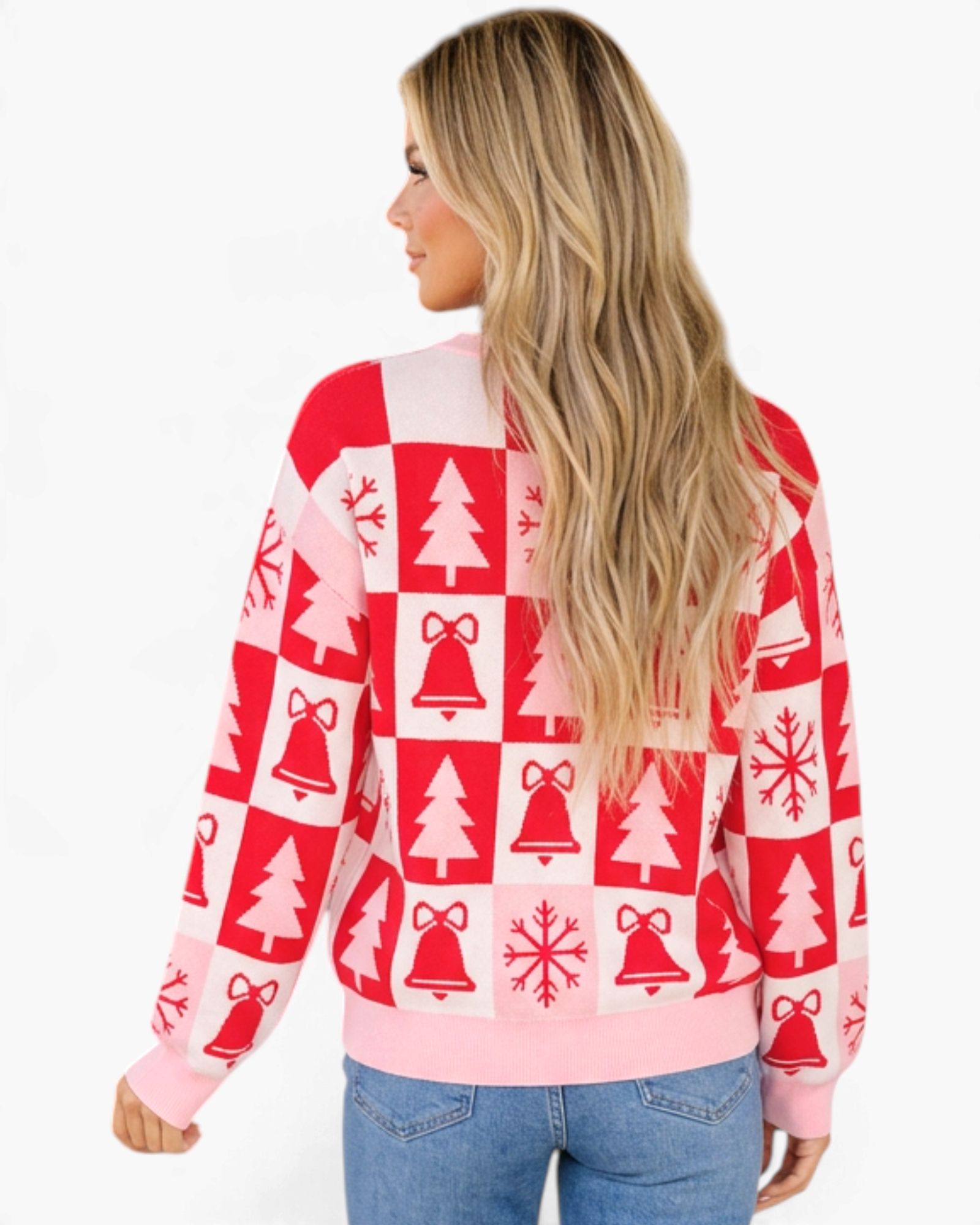 Beach Rose Co. pink and red Christmas checkerboard sweater with tree, bell, and snowflake motifs and ribbed trim.