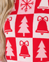 Beach Rose Co. pink and red Christmas checkerboard crewneck sweater featuring tree, bell, and snowflake motifs.
