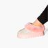 Beach Rose Co. pink faux fur platform booties with rhinestone embellishments on a thick rubber sole