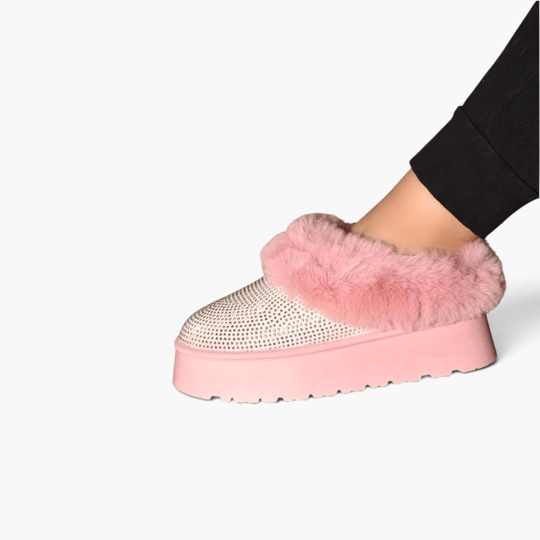 Beach Rose Co. pink platform booties featuring faux fur trim and rhinestone embellishments on a rubber sole