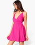 Beach Rose Co. hot pink washed satin crepe skater dress with cami straps worn by a model against a white background