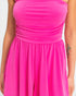 Beach Rose Co. hot pink strapless romper with a shirred waist and soft polyester-spandex fabric
