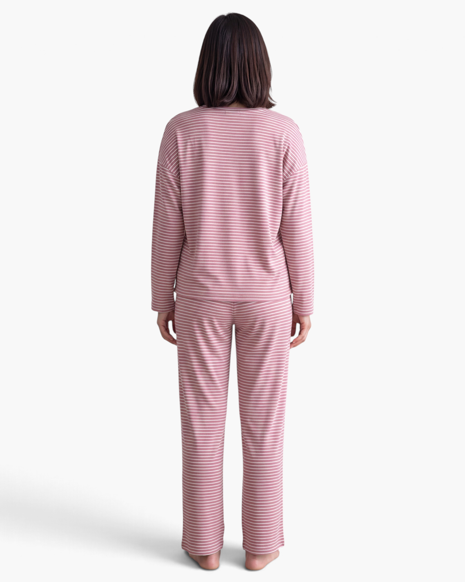 Beach Rose Co. pink striped two-piece lounge set with a long-sleeve pullover and wide-leg pants, back view.