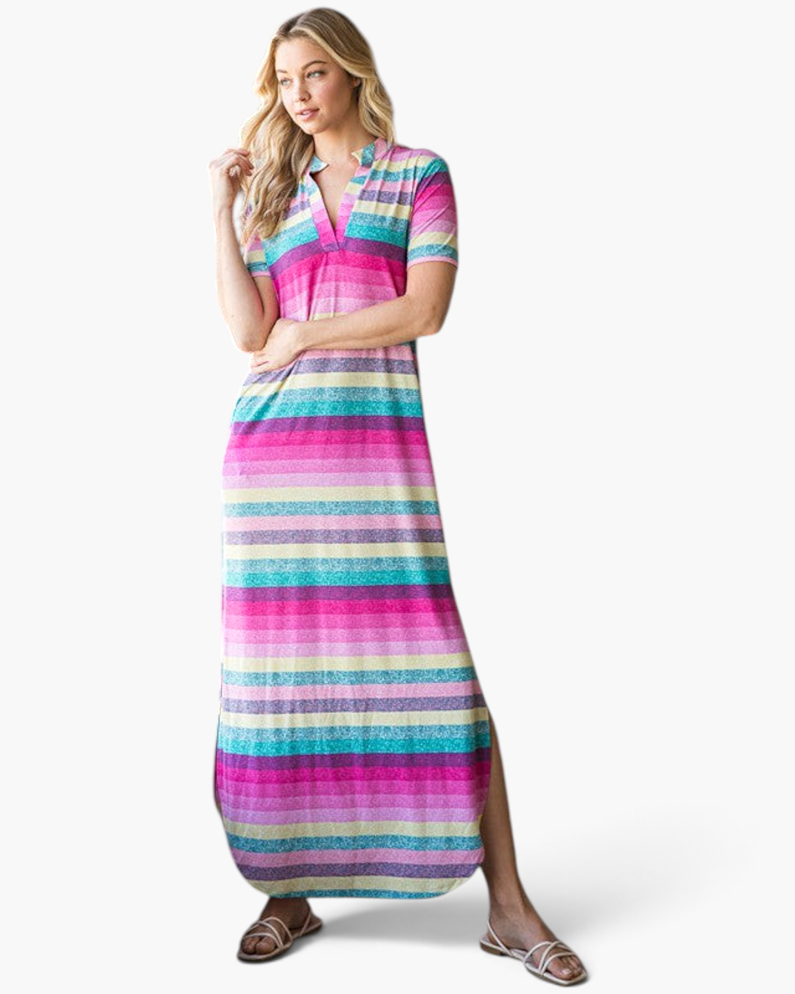 Beach Rose Co. model wearing a pink multi-stripe maxi dress with a notched V-neck, short sleeves, and side slits.