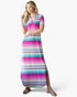 Beach Rose Co. model wearing a pink multi-stripe maxi dress with a notched V-neck, short sleeves, and side slits.