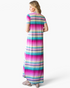 Beach Rose Co. pink multi-stripe maxi dress with short sleeves and side slits, shown from the back on a model.