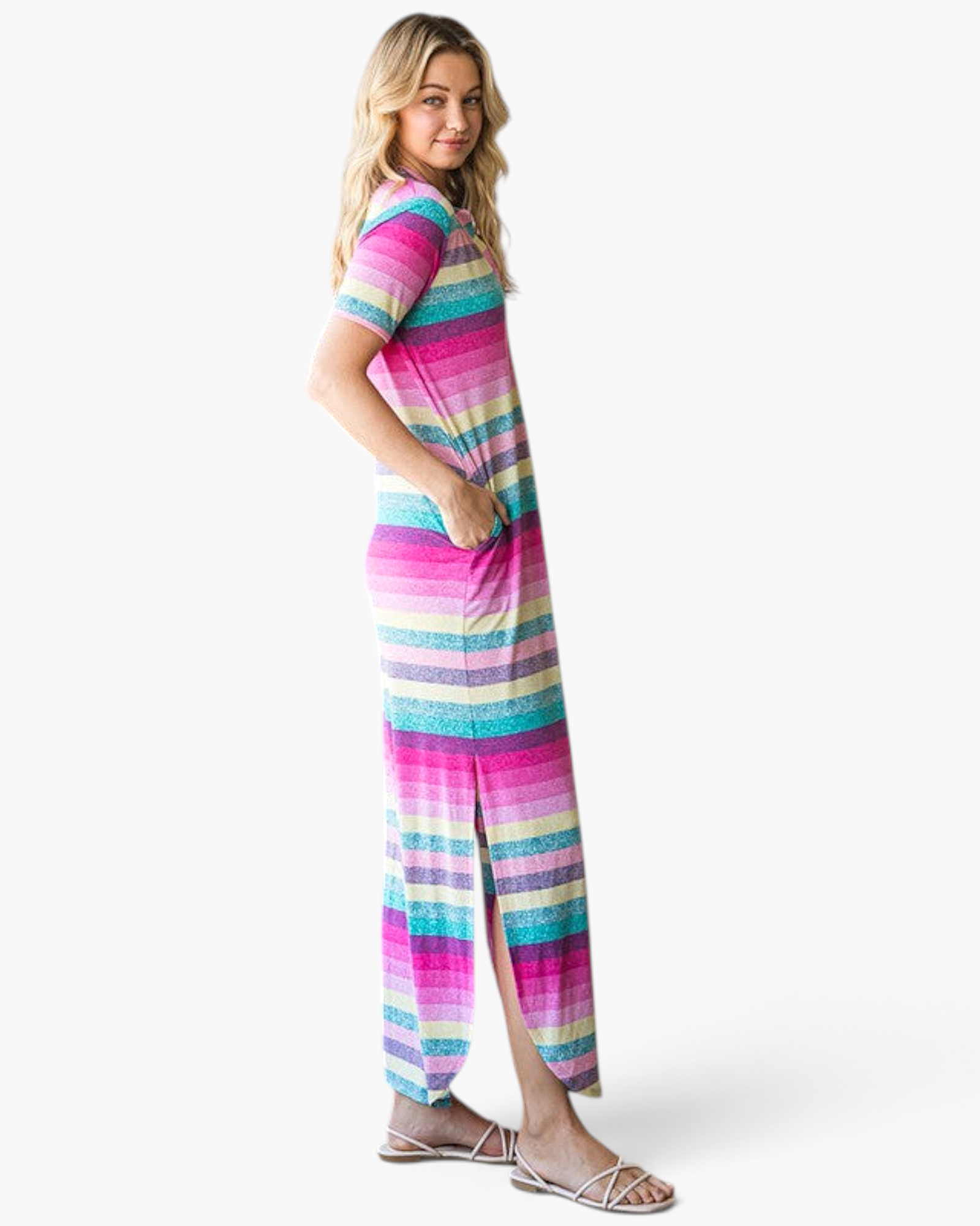 Beach Rose Co. pink multi-stripe maxi dress with short sleeves, side pockets, and side slits on a blonde model.