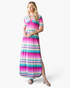 Beach Rose Co. pink multi-stripe maxi dress with notched V-neck, short sleeves, and side slits on a blonde model