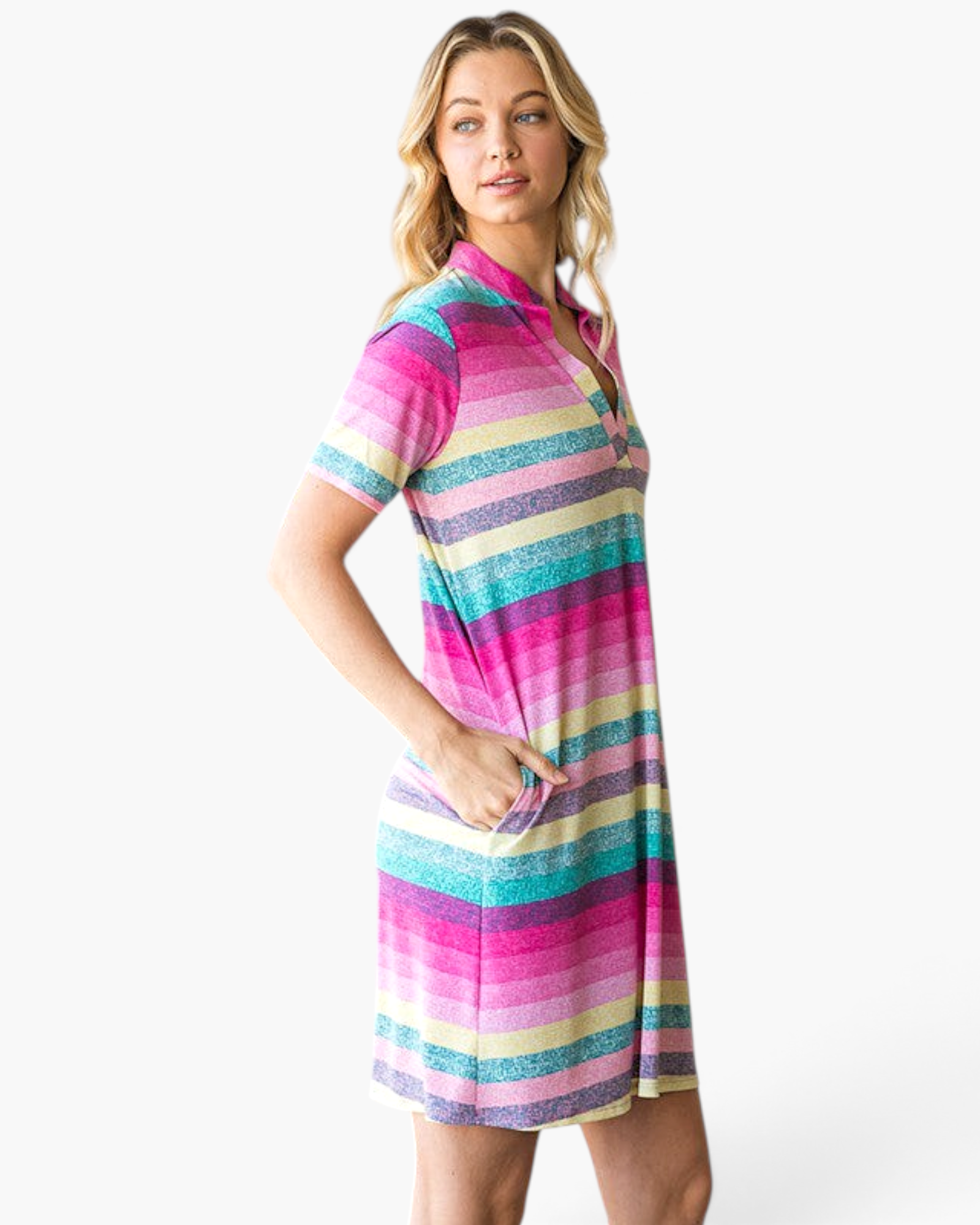 Beach Rose Co. pink multi-stripe shift dress with notched neckline, short sleeves, and side pockets on a model.