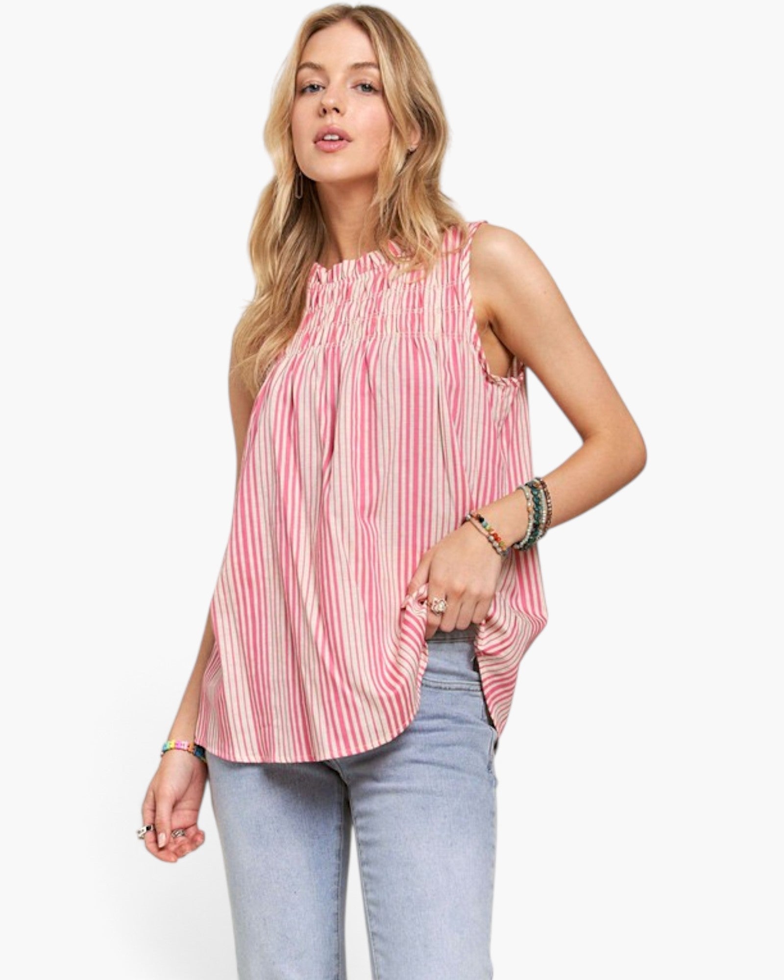 Beach Rose Co. hot pink and ivory striped cotton-linen sleeveless top with a ruffled gathered neckline.