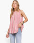 Beach Rose Co. hot pink and ivory striped cotton-linen sleeveless top with a ruffled gathered neckline.