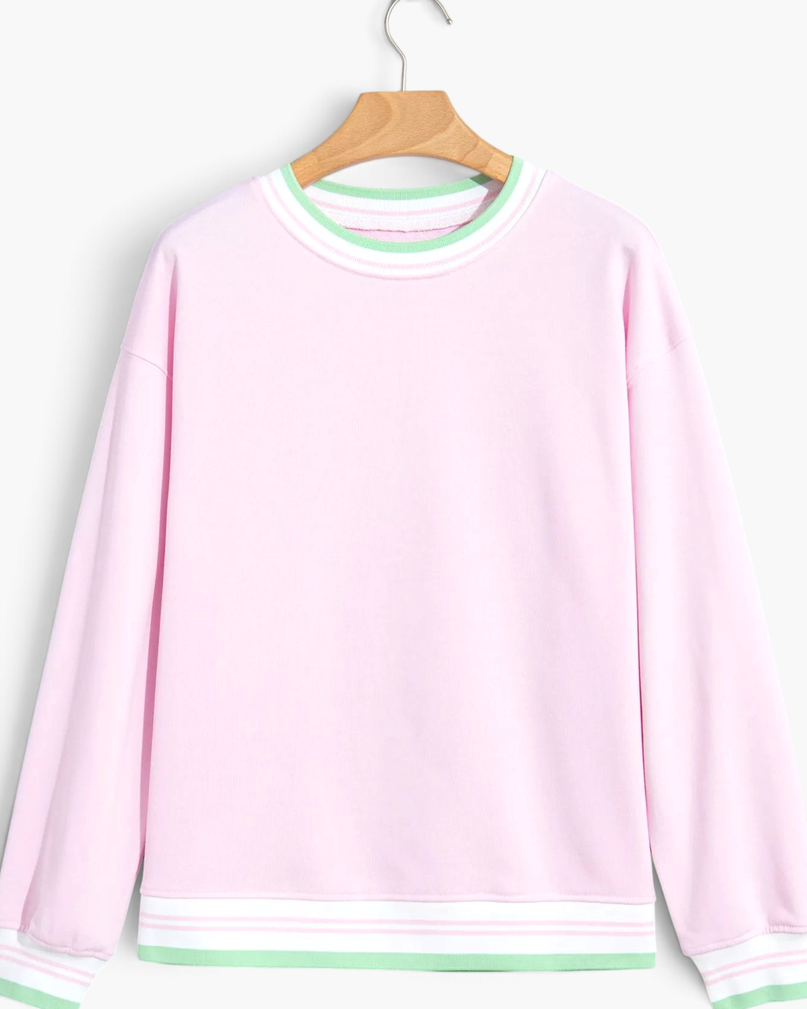 Beach Rose Co. light pink crewneck sweatshirt with green and white striped trim on the neckline, cuffs, and hem.