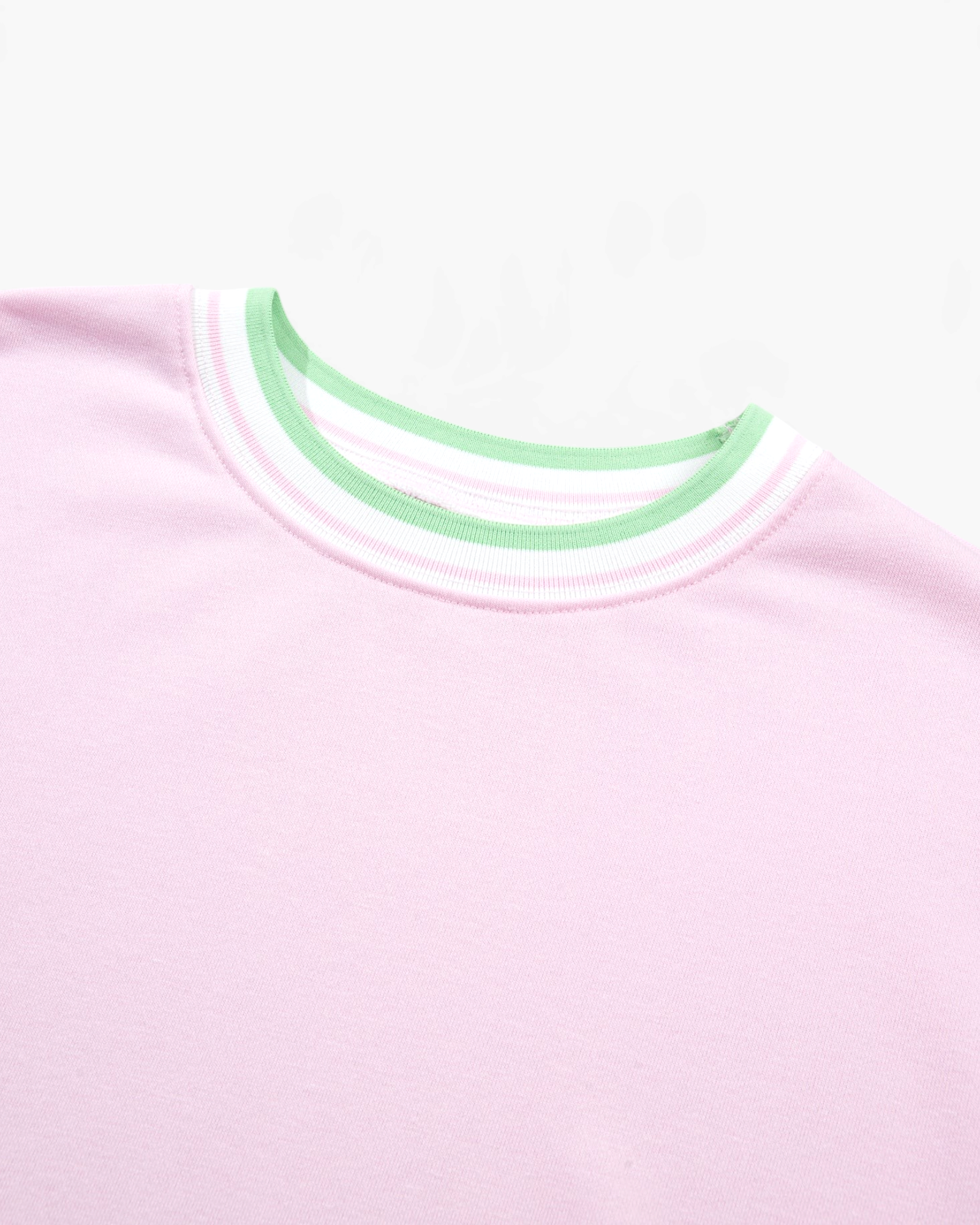Beach Rose Co. pink sweatshirt featuring a crew neckline with green and white striped ribbed trim.