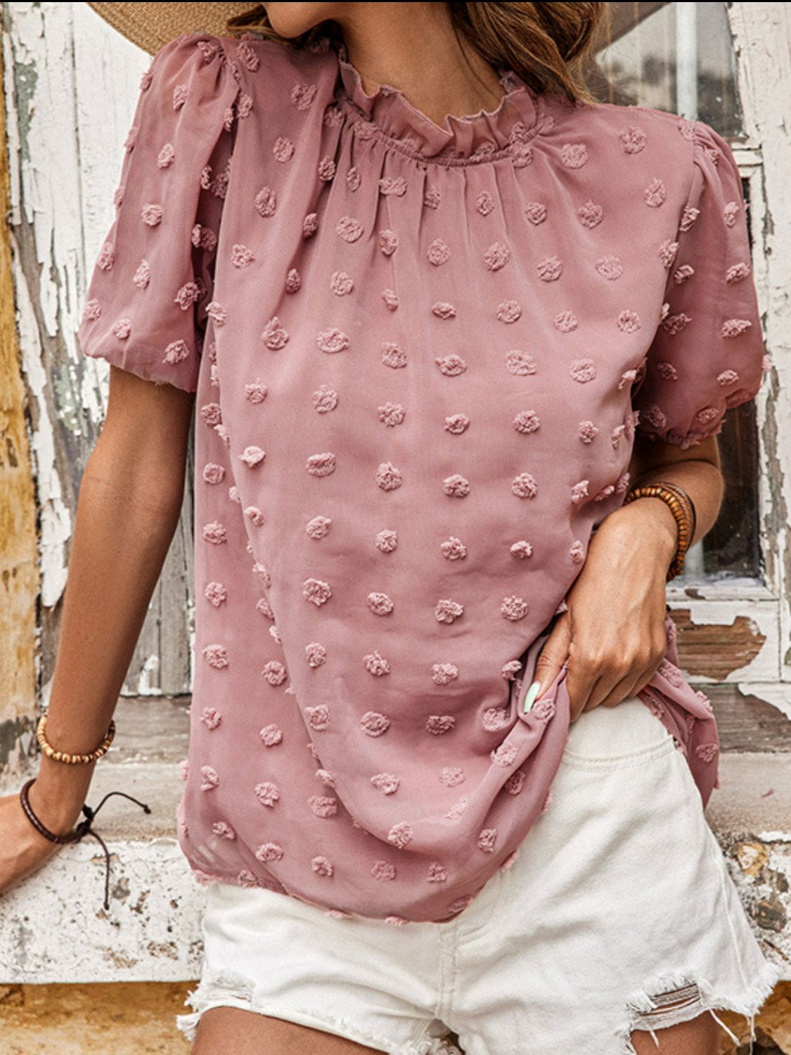 Beach Rose Co. - Pink Swiss Dot Frill Trim Top