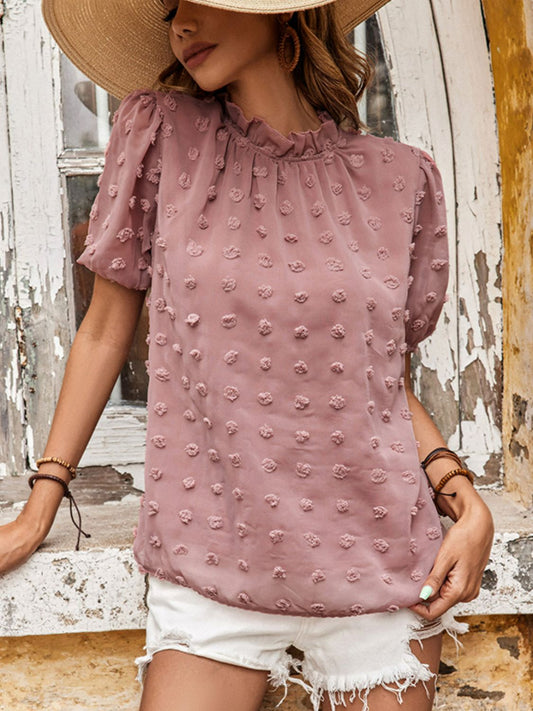 Beach Rose Co. - Pink Swiss Dot Frill Trim Top