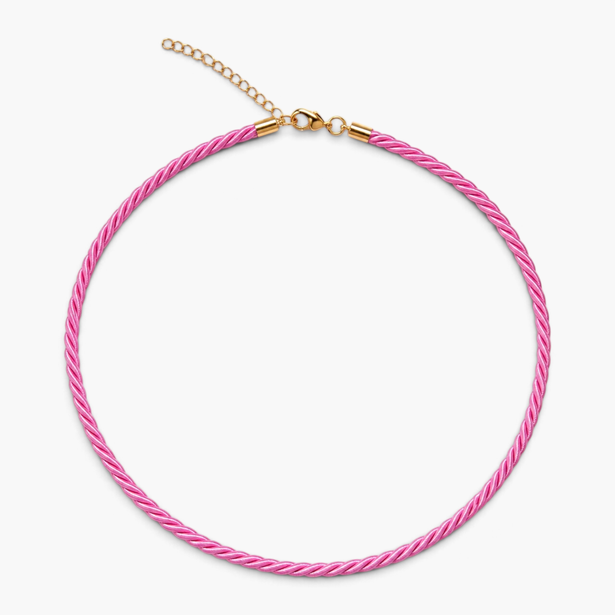Beach Rose Co. pink twisted cord necklace with 18K gold filled lobster clasp and extender chain.