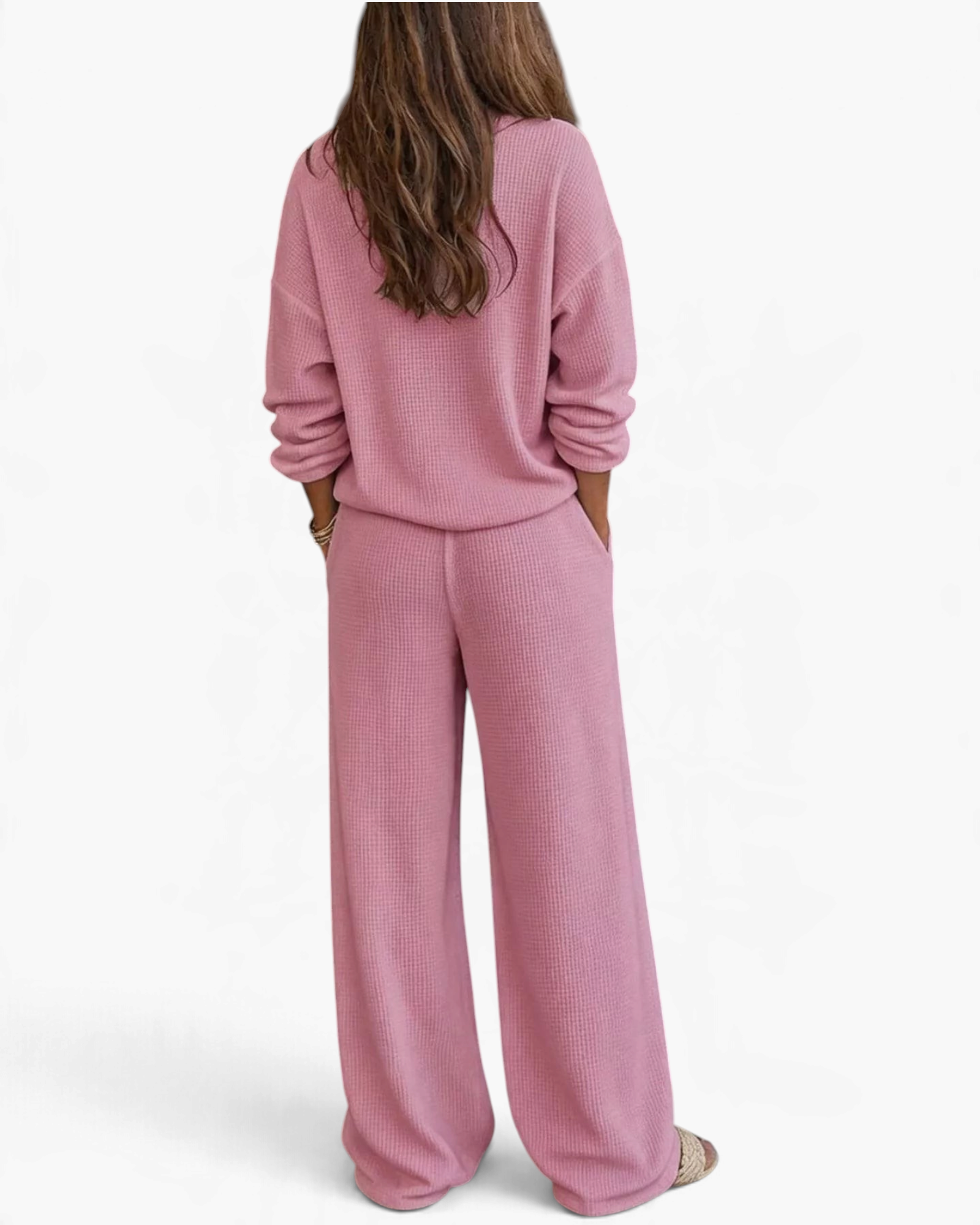 Beach Rose Co. pink waffle knit two-piece lounge set with long sleeves and wide-leg pants, back view
