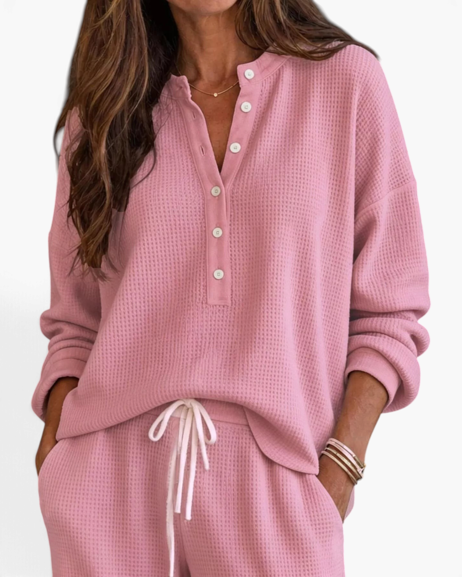 Beach Rose Co. pink waffle knit two-piece lounge set with button-up top and drawstring pants