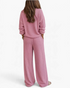Beach Rose Co. pink waffle knit two-piece lounge set with long sleeves and wide-leg pants, back view