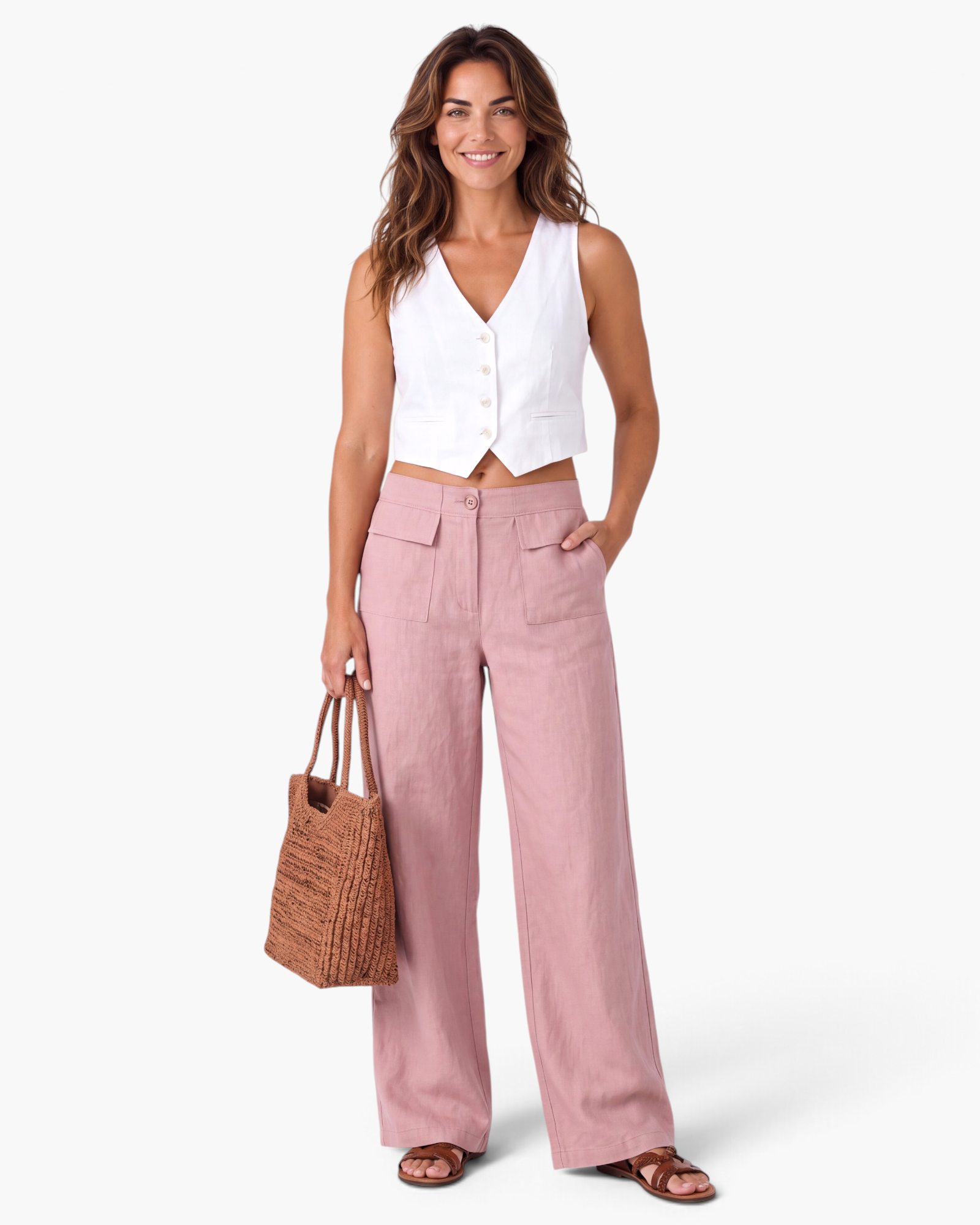 Beach Rose Co. pink cotton blend wide-leg pants featuring large front flap pockets and a comfortable elastic back.