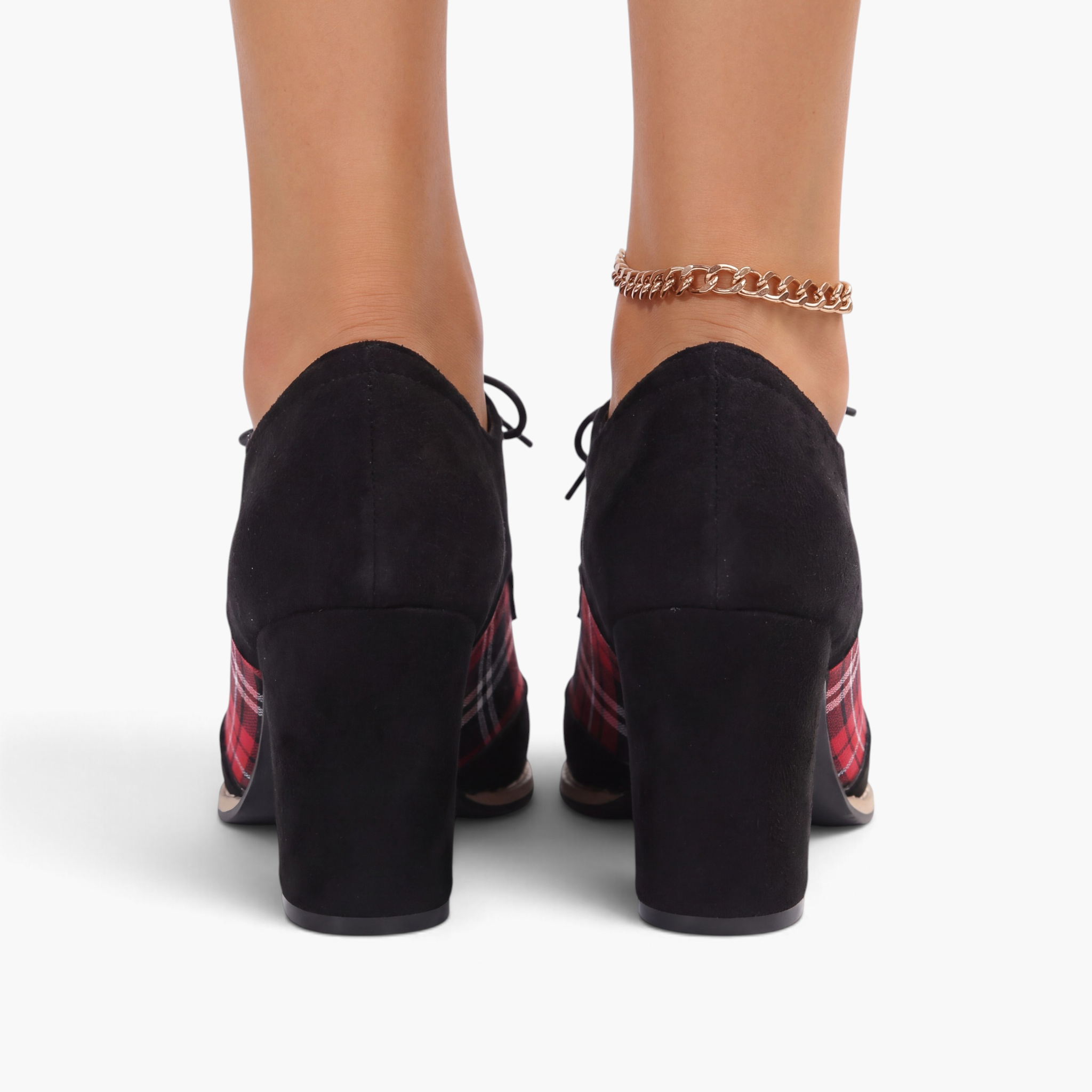 Beach Rose Co. black and red plaid block heel booties with a low-cut ankle silhouette seen from the back
