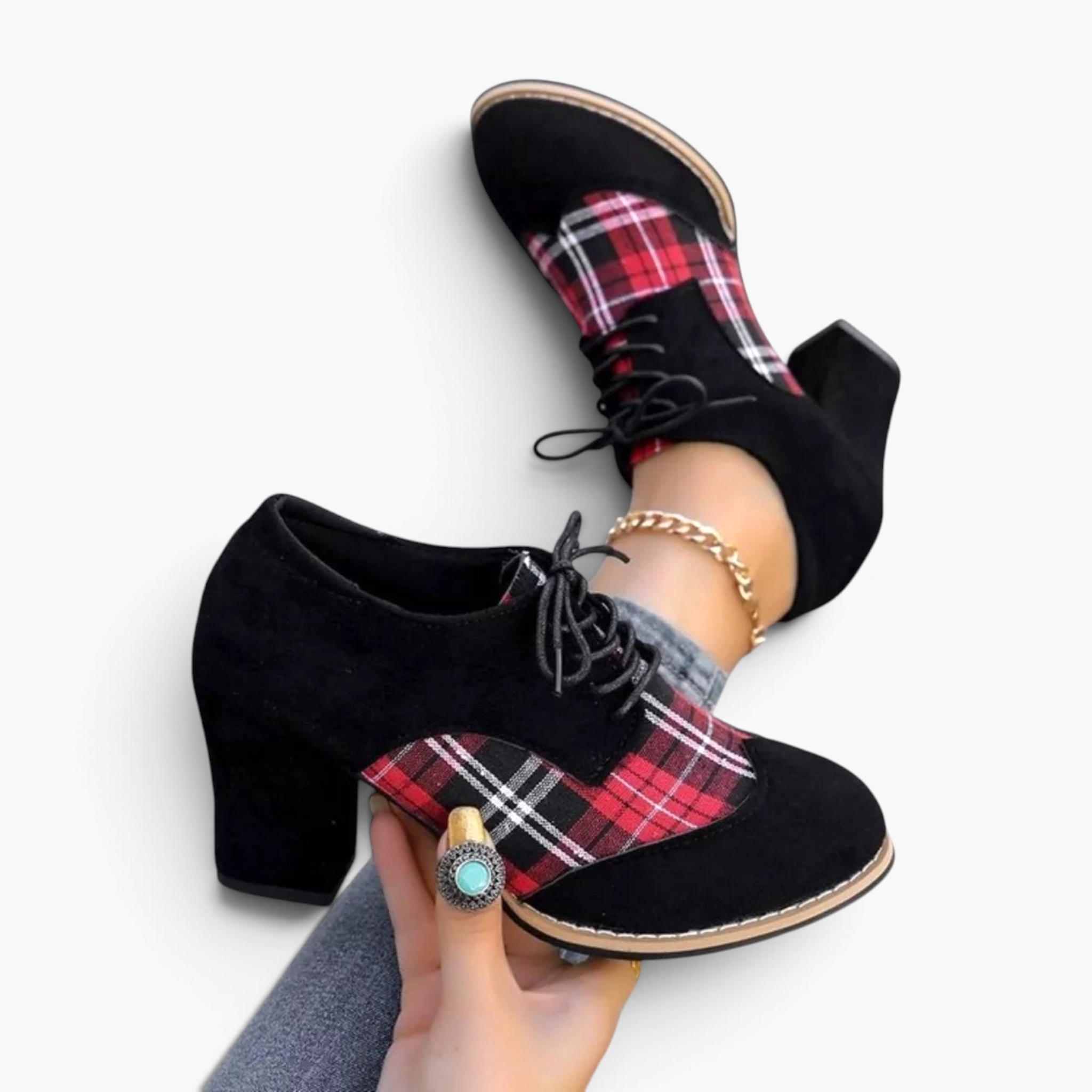 Beach Rose Co. black and red plaid lace-up booties with chunky block heels and contrast welt detailing.