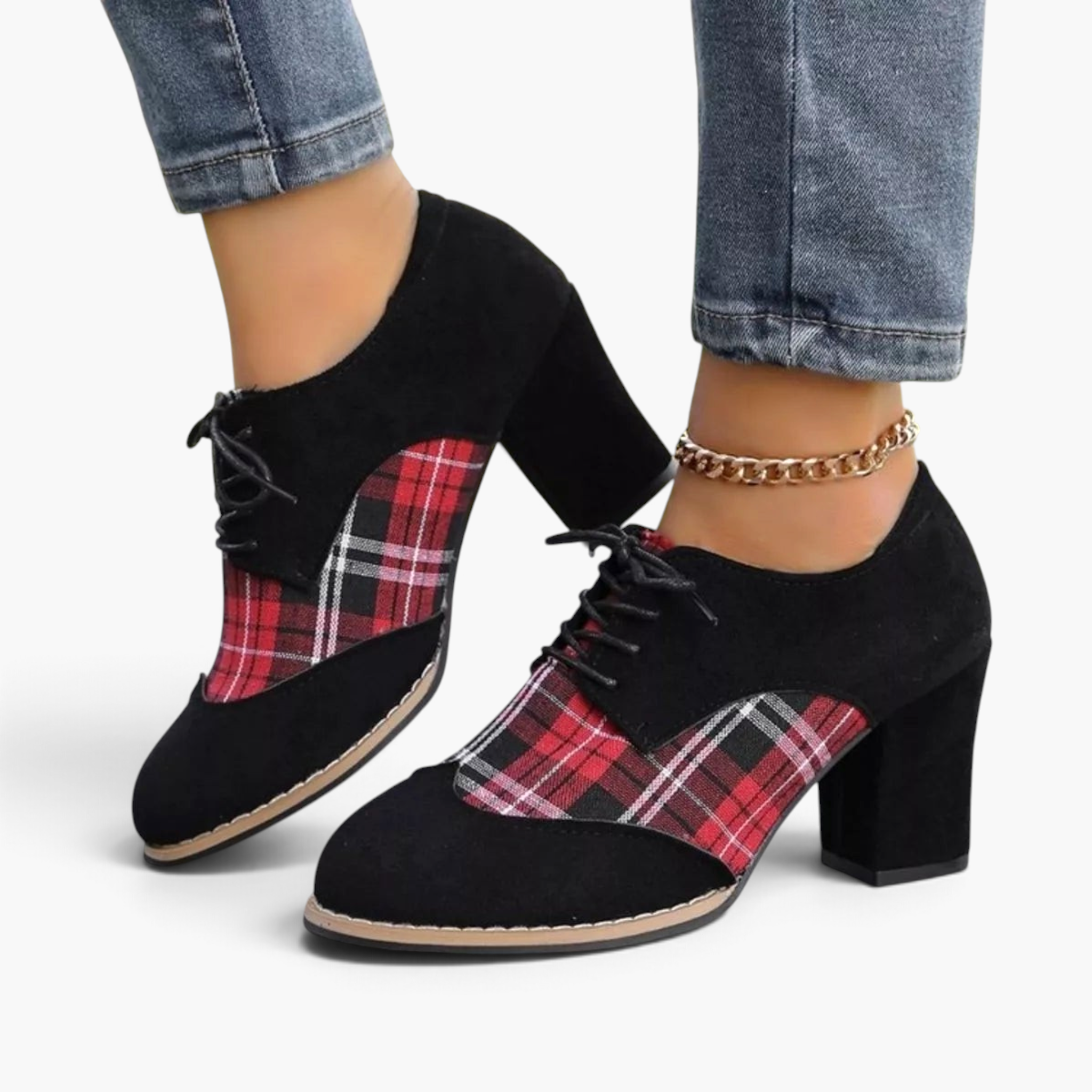 Beach Rose Co. black and red plaid lace-up block heel booties with almond toe and contrast stitched welt detail.
