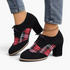 Beach Rose Co. black and red plaid lace-up block heel booties with almond toe and contrast stitched welt detail.