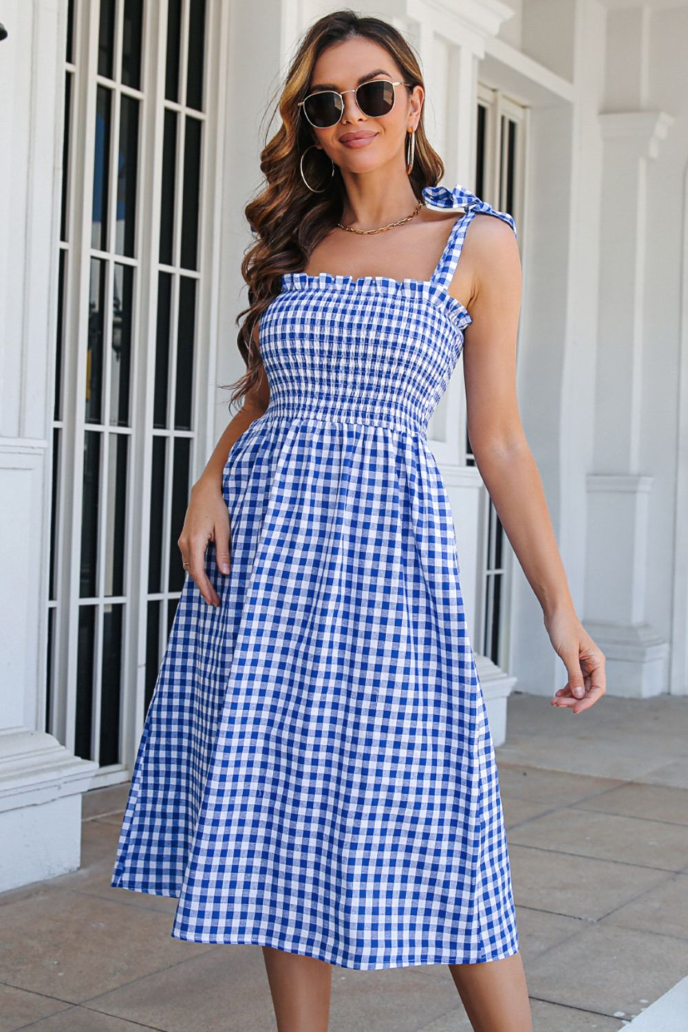 Beach Rose Co. - Plaid Frill Trim Tie Shoulder Midi Dress