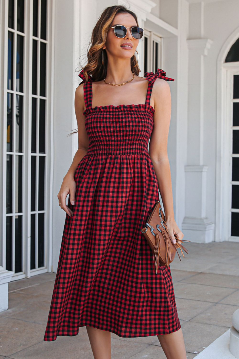 Beach Rose Co. - Plaid Frill Trim Tie Shoulder Midi Dress