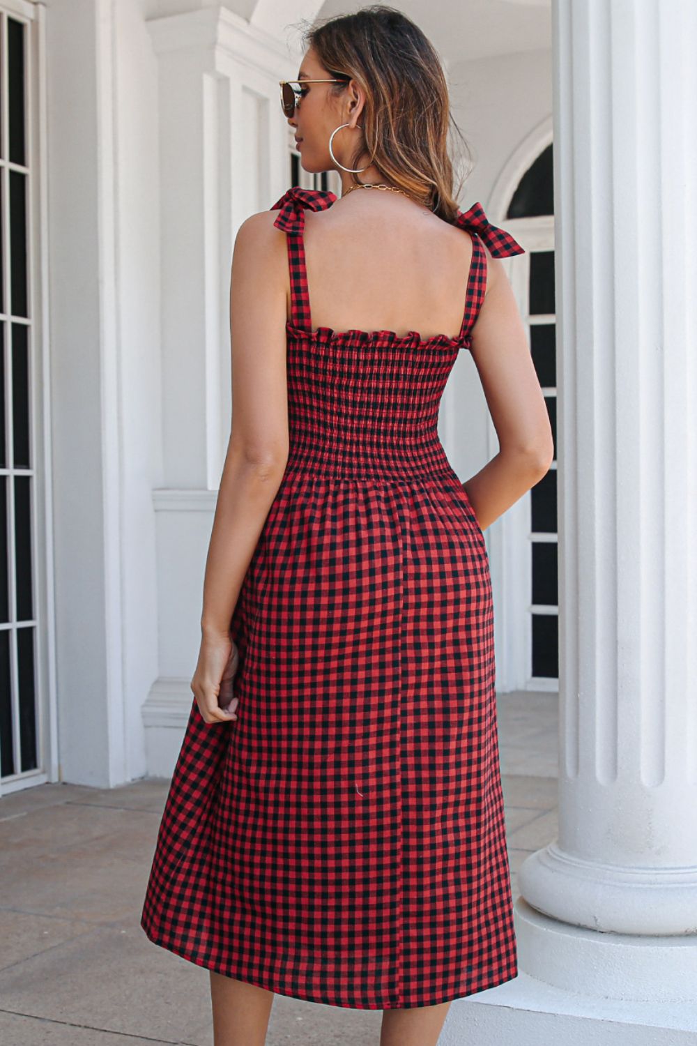 Beach Rose Co. - Plaid Frill Trim Tie Shoulder Midi Dress