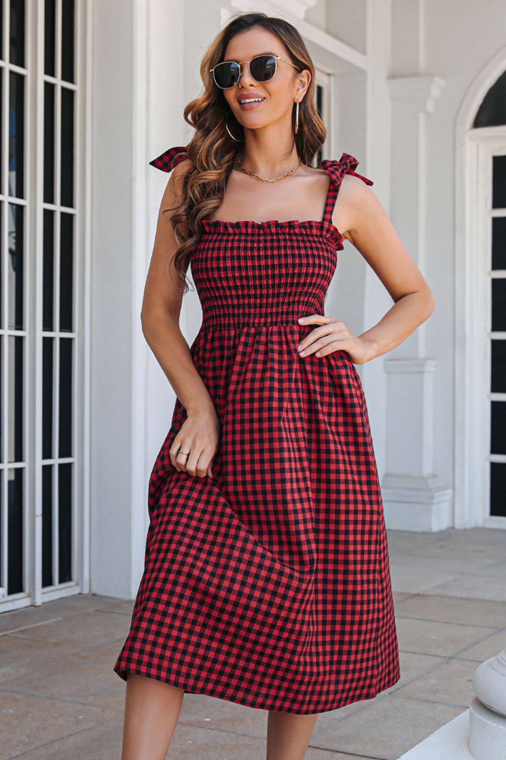 Beach Rose Co. - Plaid Frill Trim Tie Shoulder Midi Dress