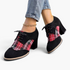 Beach Rose Co. black and red plaid lace-up booties with chunky block heels and almond toe design.