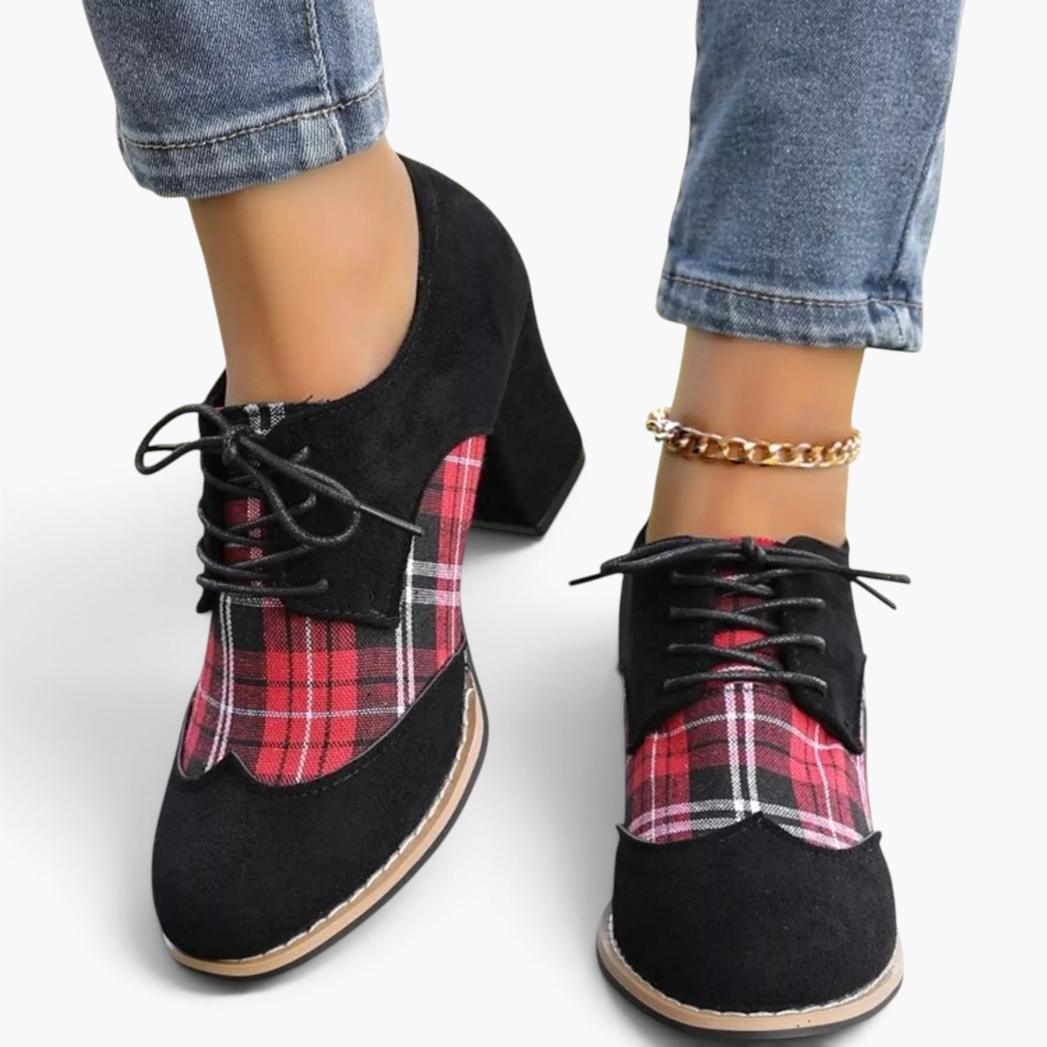 Beach Rose Co. black and red plaid lace-up booties with chunky block heels and almond toe, styled with blue jeans.