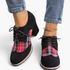 Beach Rose Co. black and red plaid lace-up booties with chunky block heels and almond toe, styled with blue jeans.
