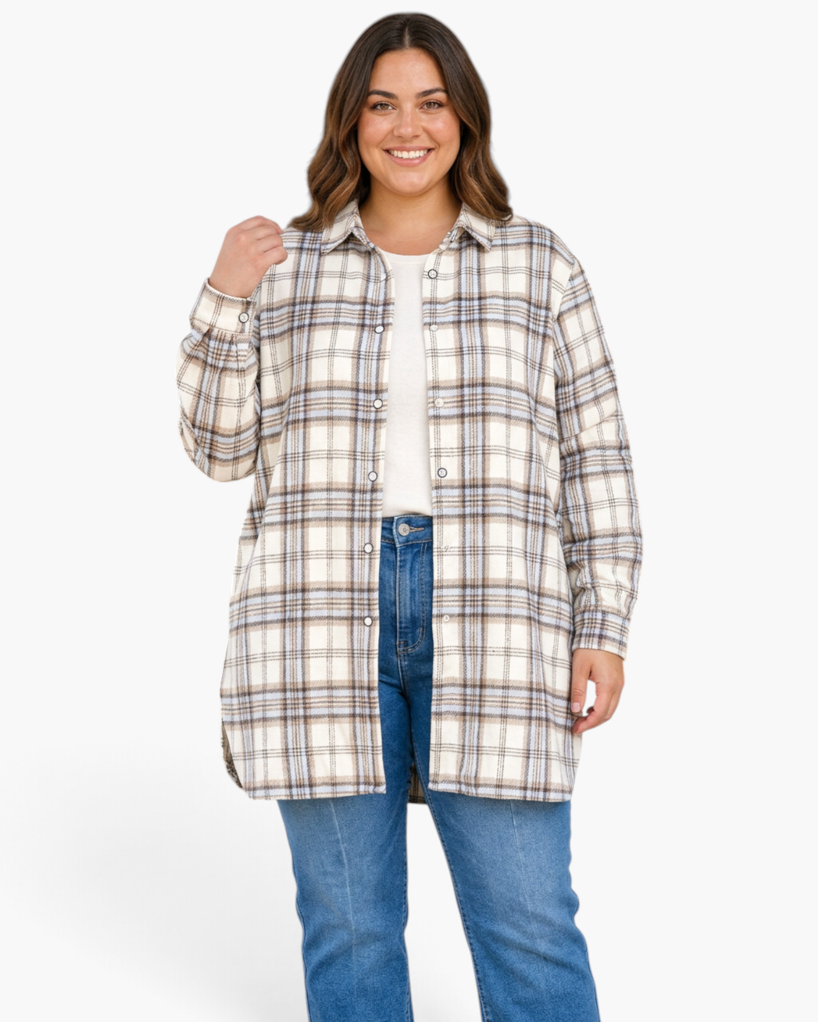 Beach Rose Co. plus-size cream and taupe plaid longline shacket worn with blue jeans and a white top
