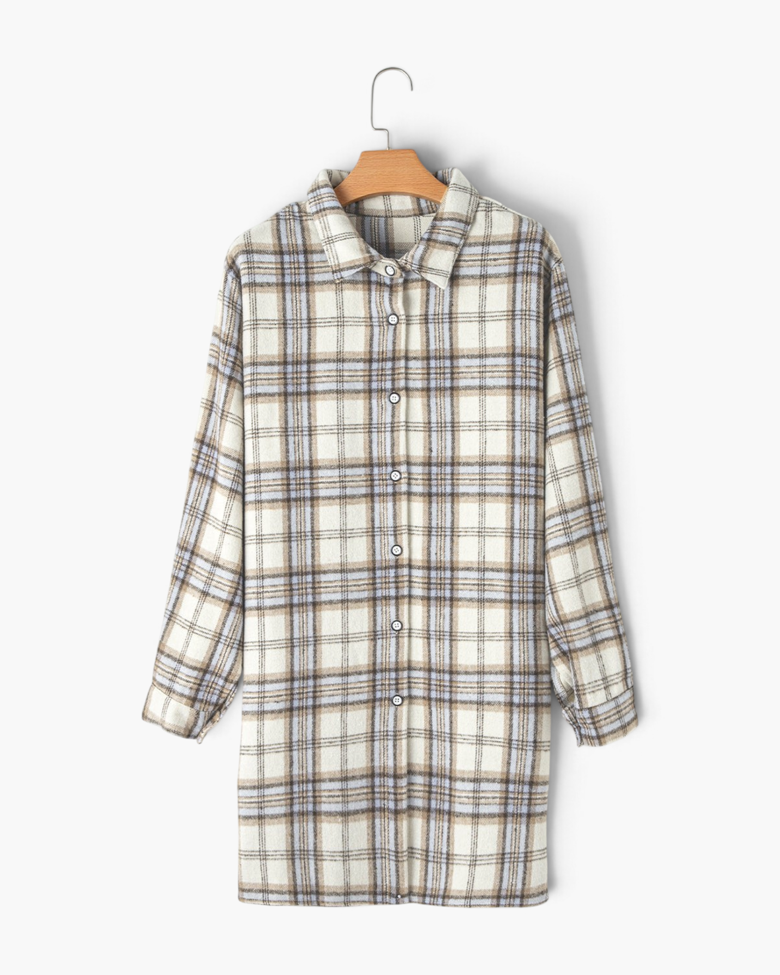 Beach Rose Co. plus-size longline shacket in cream, taupe, and blue plaid with a button-front and pointed collar.