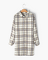 Beach Rose Co. plus-size longline shacket in cream, taupe, and blue plaid with a button-front and pointed collar.